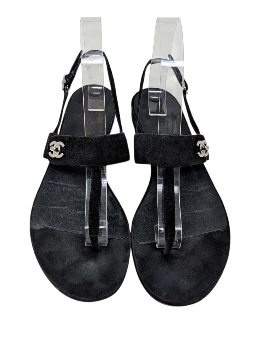 Chanel Black Suede Turnlock T-Strap Thong Flat Sandals Size EU 38.5